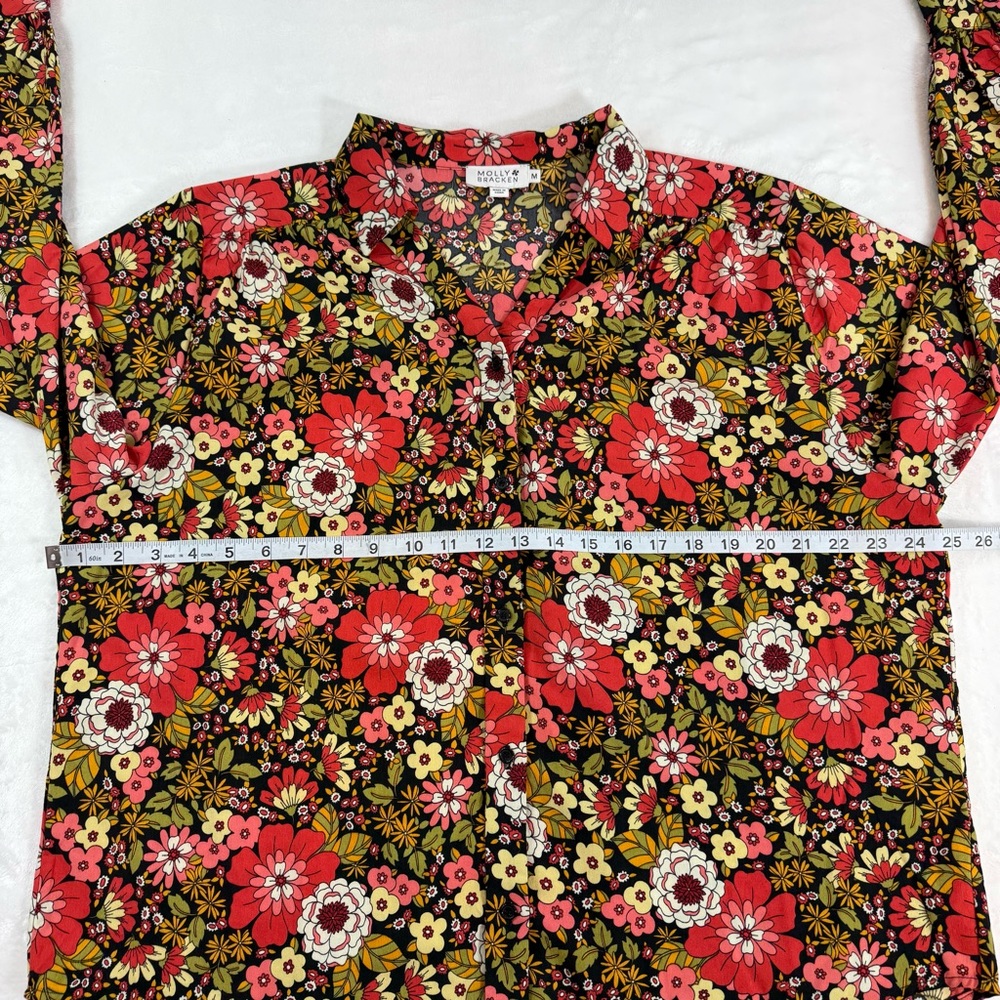 Molly Bracken Button Down Blouse Green Red Floral Print Puff Sleeve Boho - Picture 9 of 9